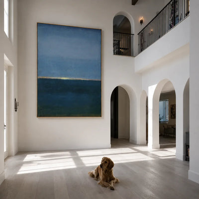 Blue Stillness with a Golden Horizon Wall Art styled interior scene 3 | Olyrel