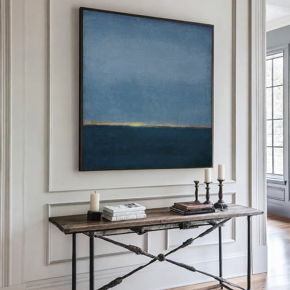 Blue Stillness with a Golden Horizon Wall Art styled interior scene 4 | Olyrel