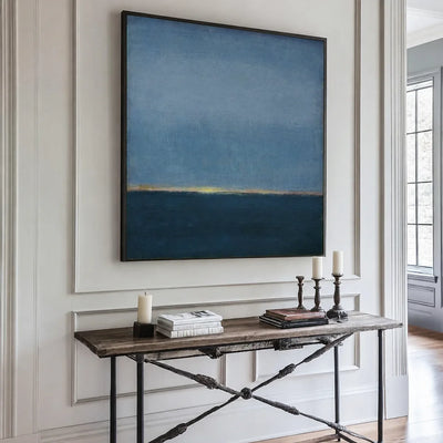 Blue Stillness with a Golden Horizon Wall Art styled interior scene 4 | Olyrel