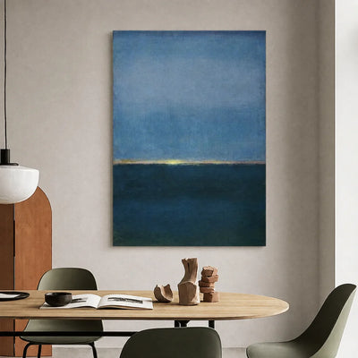 Blue Stillness with a Golden Horizon Wall Art styled interior scene 5 | Olyrel