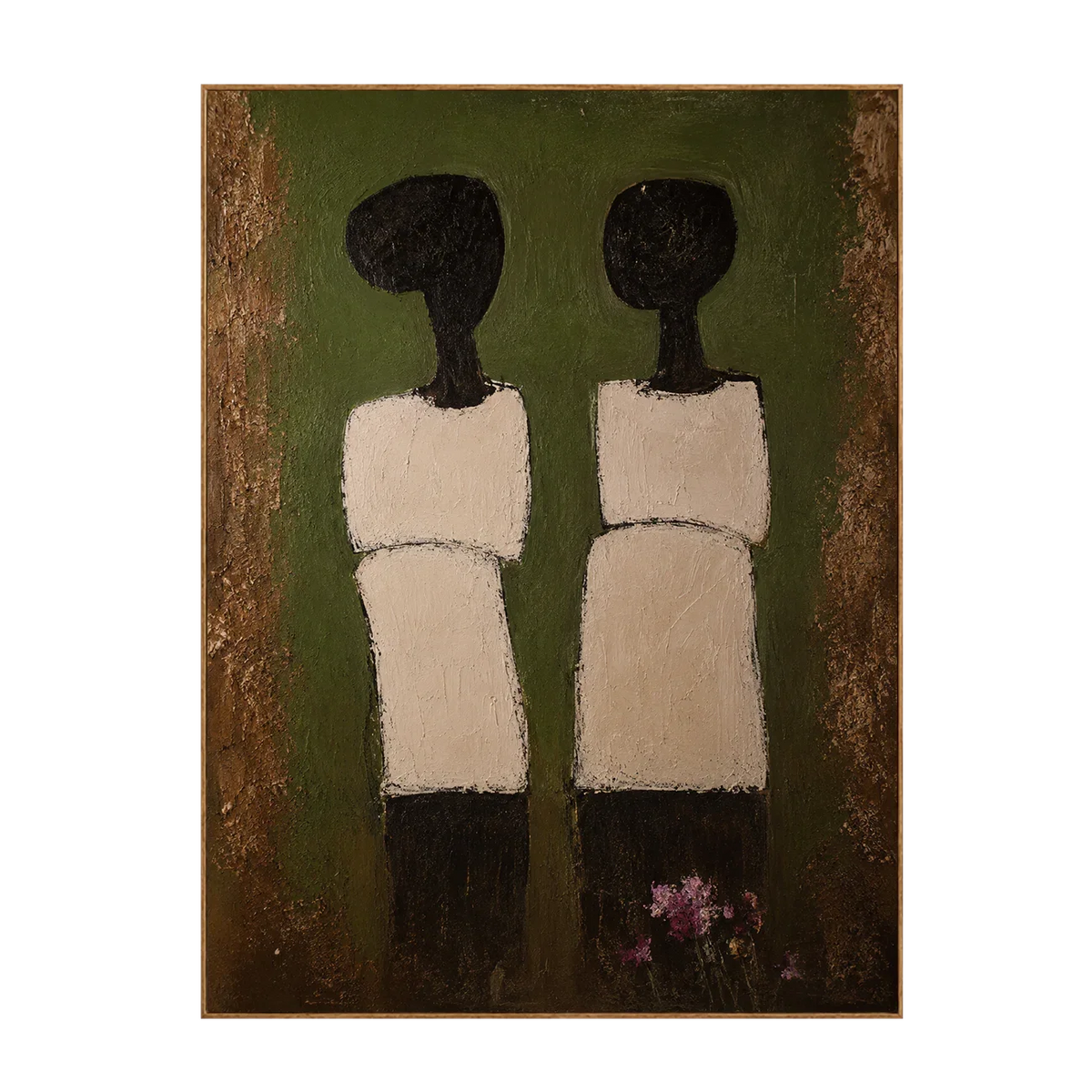 Two Cream-Clad Figures on Olive Green Wall Art | Olyrel