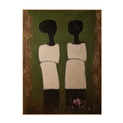 Two Cream-Clad Figures on Olive Green Wall Art | Olyrel