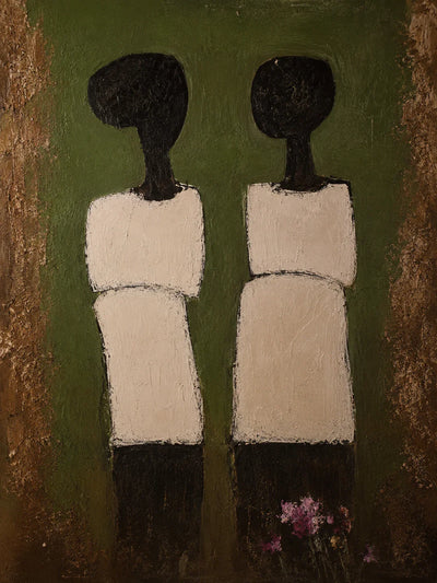 Two Cream-Clad Figures on Olive Green Wall Art artwork view | Olyrel