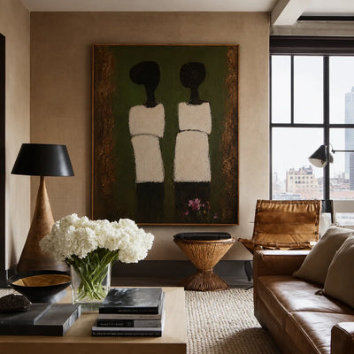 Two Cream-Clad Figures on Olive Green Wall Art styled interior scene 1 | Olyrel