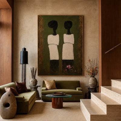 Two Cream-Clad Figures on Olive Green Wall Art styled interior scene 2 | Olyrel