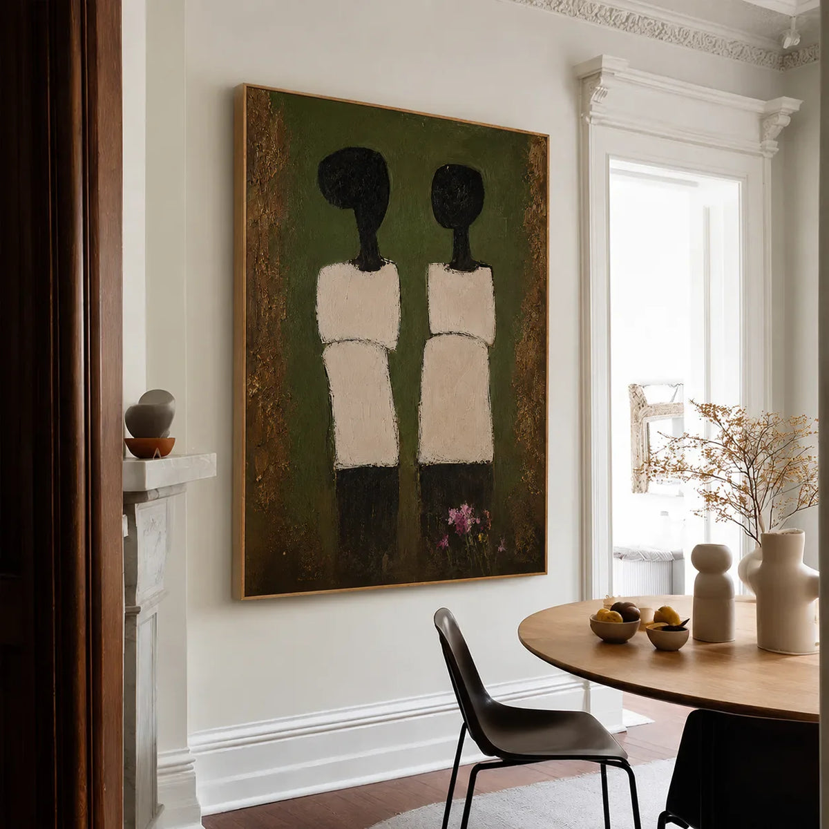 Two Cream-Clad Figures on Olive Green Wall Art styled interior scene 3 | Olyrel