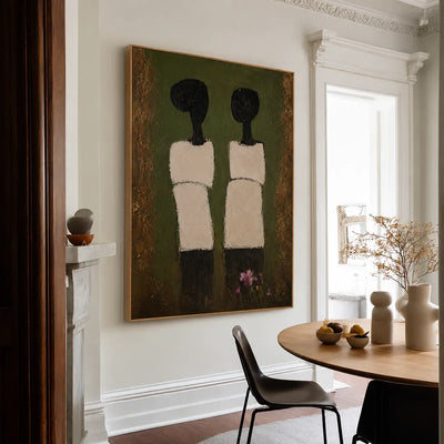 Two Cream-Clad Figures on Olive Green Wall Art styled interior scene 3 | Olyrel
