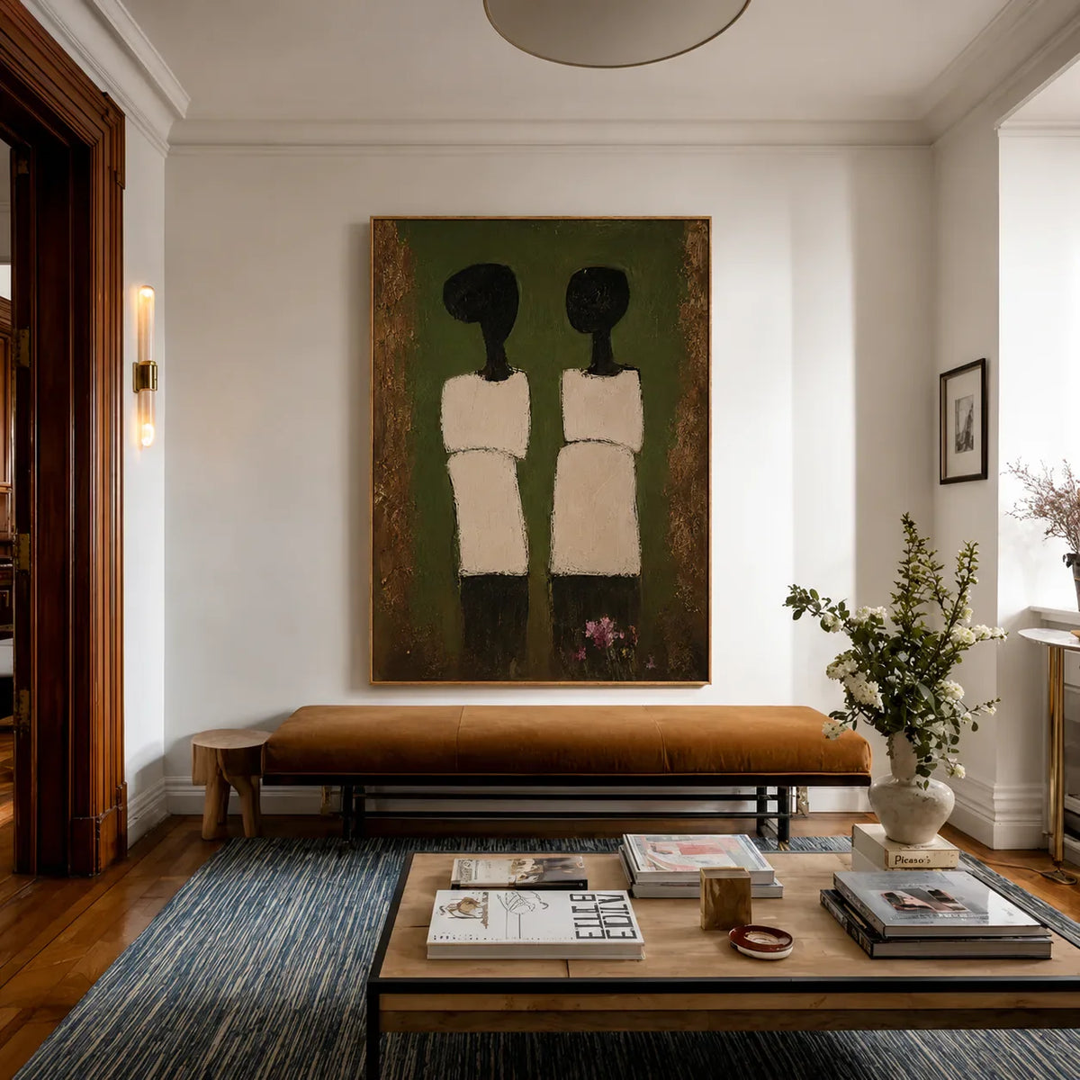 Two Cream-Clad Figures on Olive Green Wall Art styled interior scene 4 | Olyrel