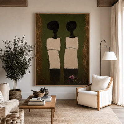 Two Cream-Clad Figures on Olive Green Wall Art styled interior scene 5 | Olyrel