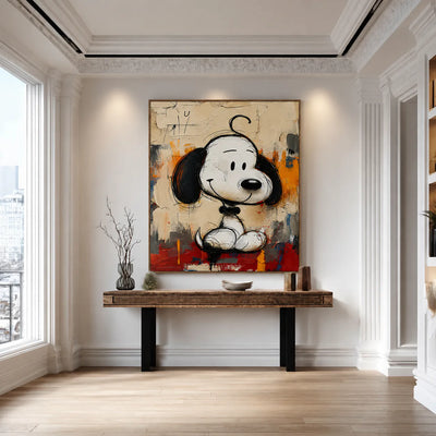 Black-Eared Cartoon Puppy on a Colorful Ground Wall Art styled interior scene 2 | Olyrel