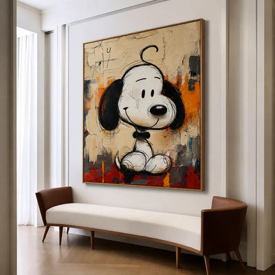 Black-Eared Cartoon Puppy on a Colorful Ground Wall Art styled interior scene 3 | Olyrel