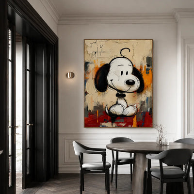 Black-Eared Cartoon Puppy on a Colorful Ground Wall Art styled interior scene 4 | Olyrel