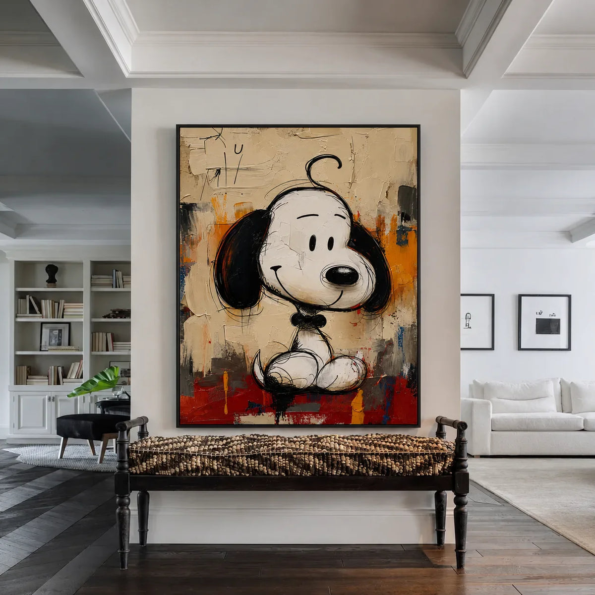 Black-Eared Cartoon Puppy on a Colorful Ground Wall Art styled interior scene 5 | Olyrel