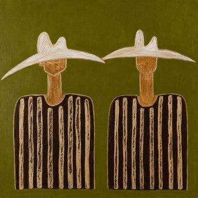 Two White Hats and Striped Shirts on Olive Wall Art artwork view | Olyrel