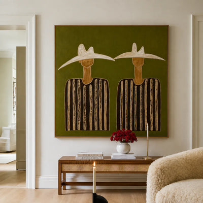 Two White Hats and Striped Shirts on Olive Wall Art styled interior scene 1 | Olyrel