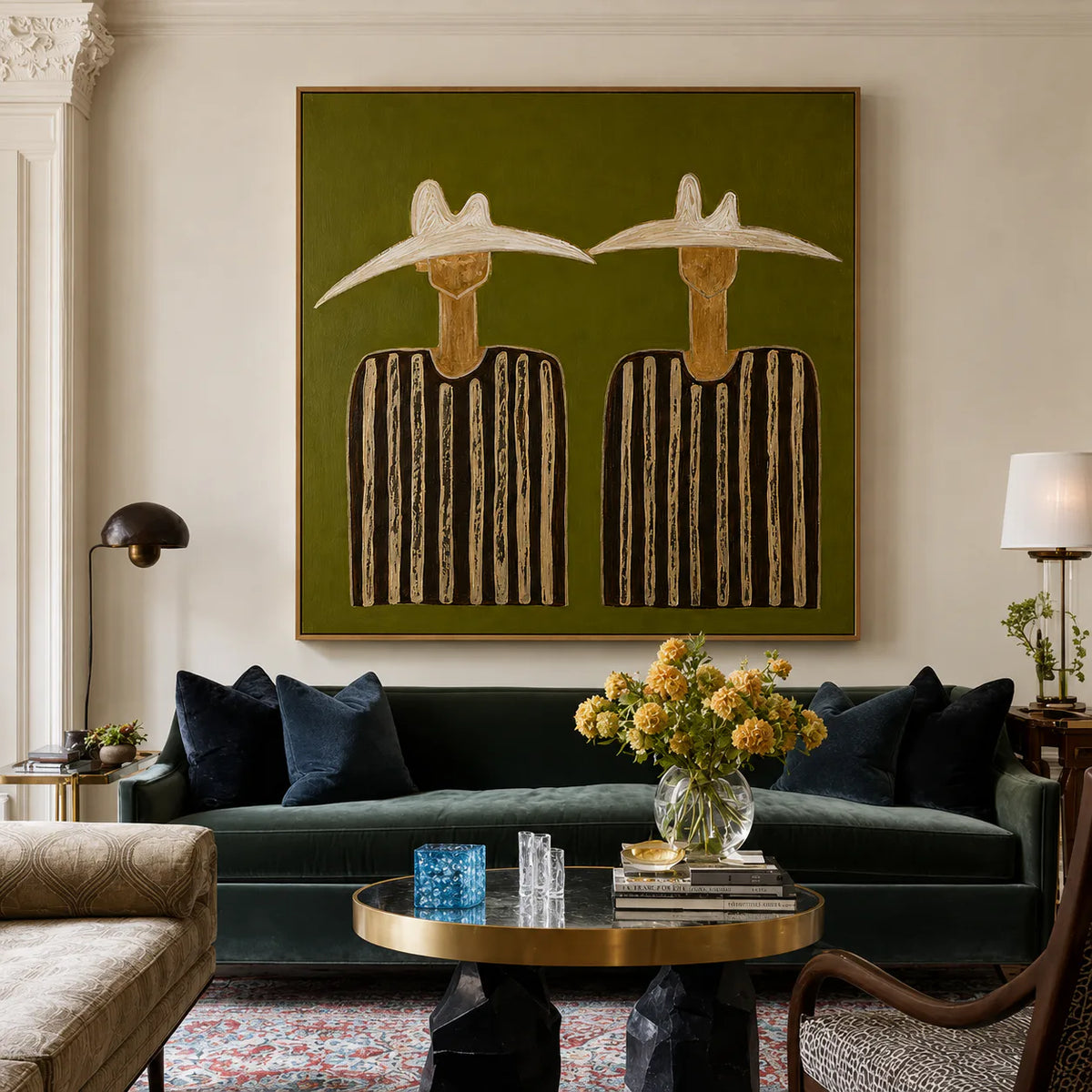 Two White Hats and Striped Shirts on Olive Wall Art styled interior scene 2 | Olyrel