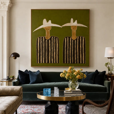 Two White Hats and Striped Shirts on Olive Wall Art styled interior scene 2 | Olyrel