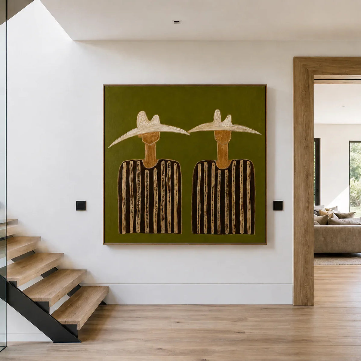 Two White Hats and Striped Shirts on Olive Wall Art styled interior scene 3 | Olyrel