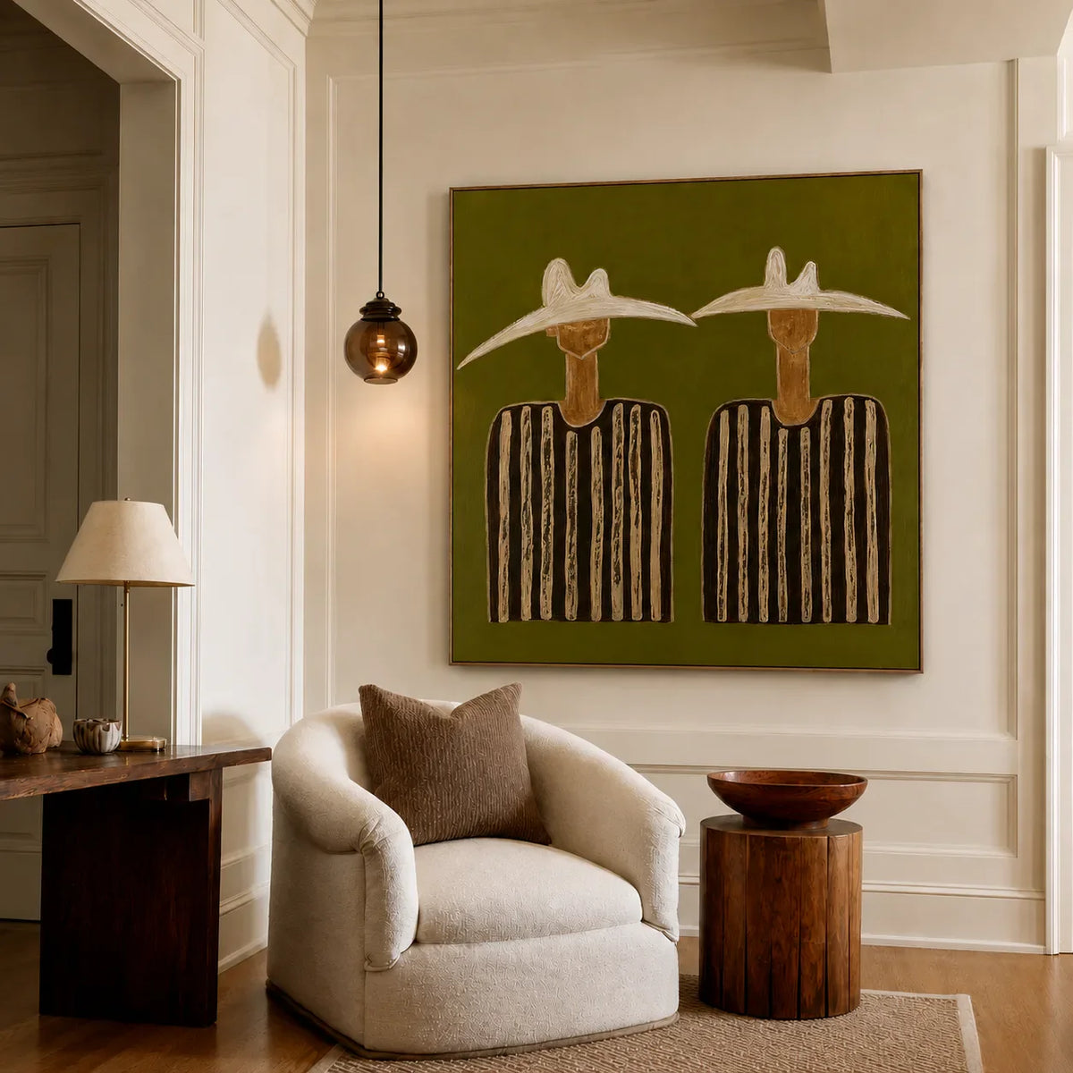 Two White Hats and Striped Shirts on Olive Wall Art styled interior scene 4 | Olyrel