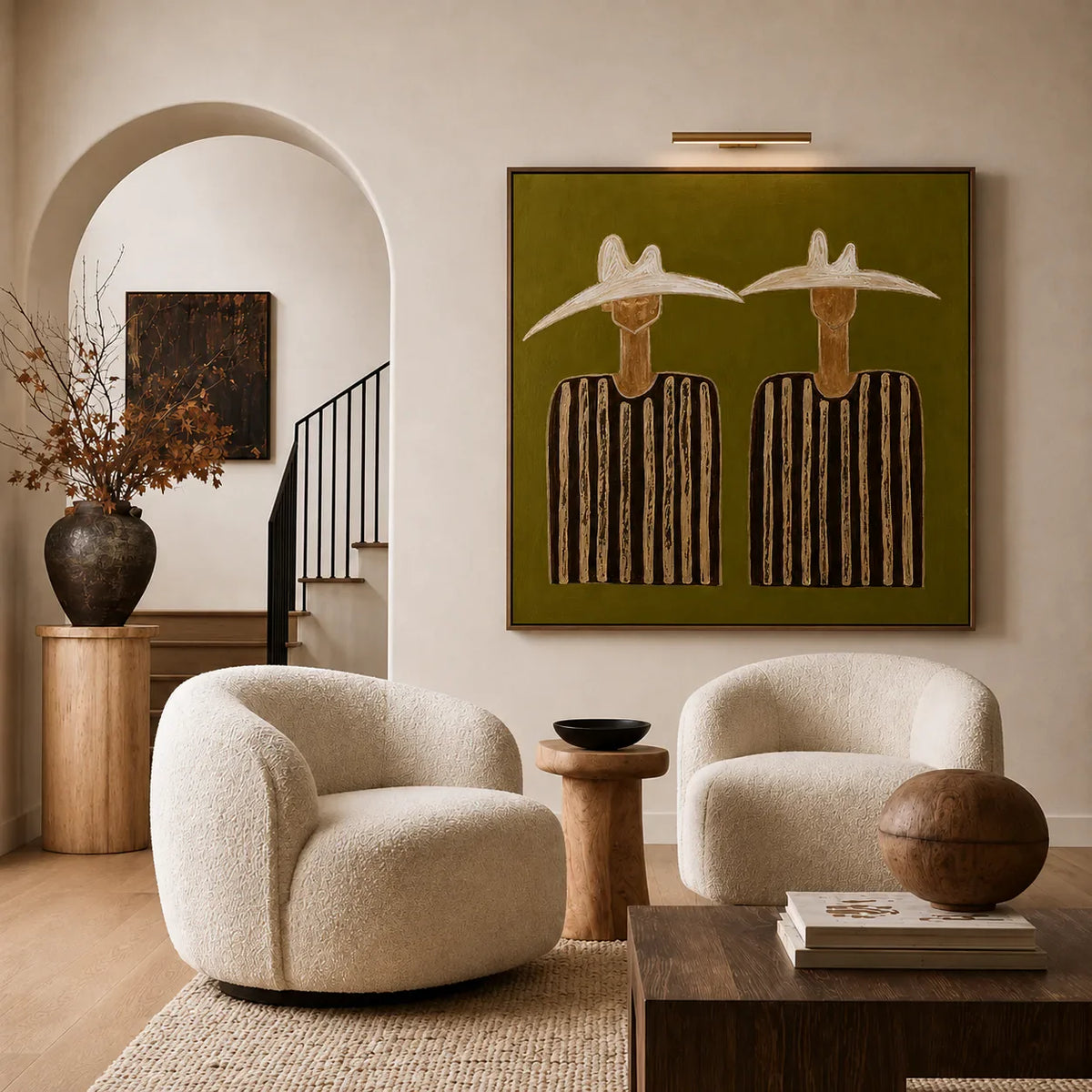 Two White Hats and Striped Shirts on Olive Wall Art styled interior scene 5 | Olyrel