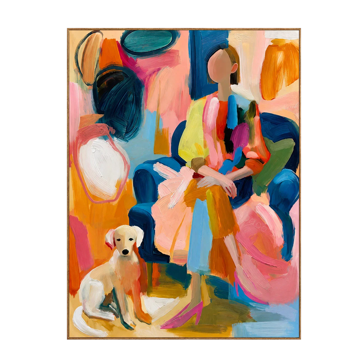 Colorful Seated Figure with a Golden Dog Wall Art | Olyrel