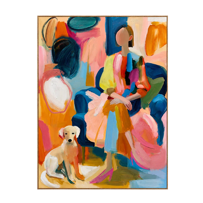 Colorful Seated Figure with a Golden Dog Wall Art | Olyrel
