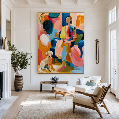 Colorful Seated Figure with a Golden Dog Wall Art styled interior scene 1 | Olyrel