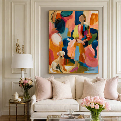 Colorful Seated Figure with a Golden Dog Wall Art styled interior scene 3 | Olyrel