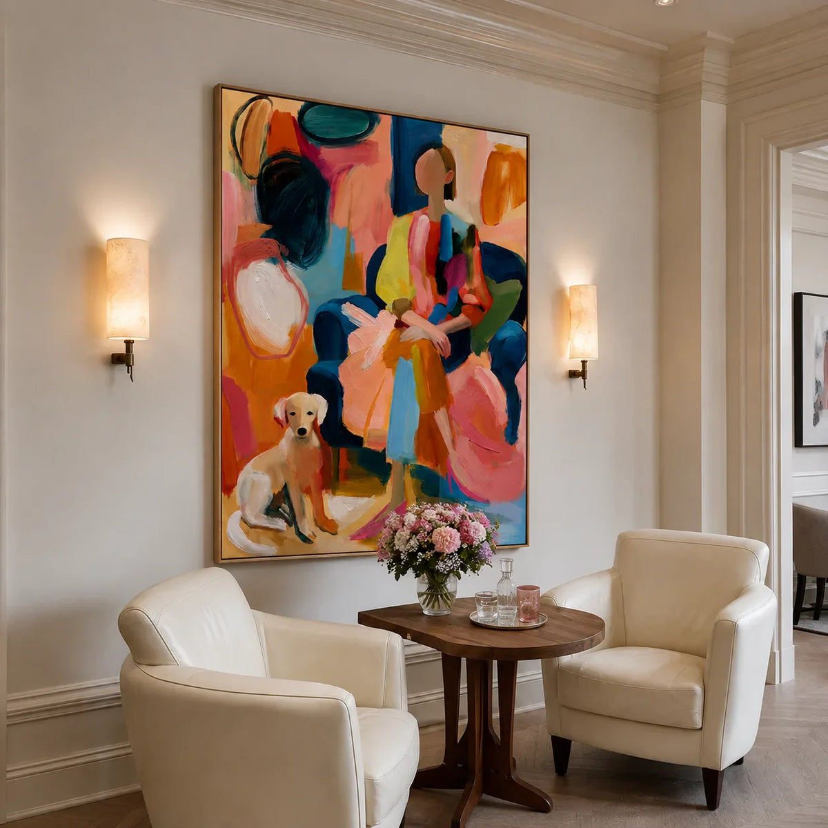 Colorful Seated Figure with a Golden Dog Wall Art styled interior scene 4 | Olyrel