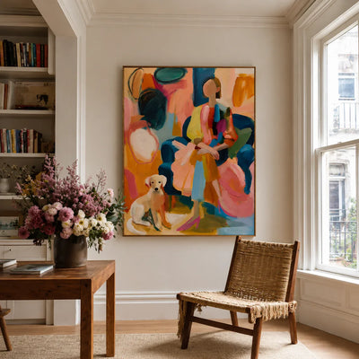 Colorful Seated Figure with a Golden Dog Wall Art styled interior scene 5 | Olyrel