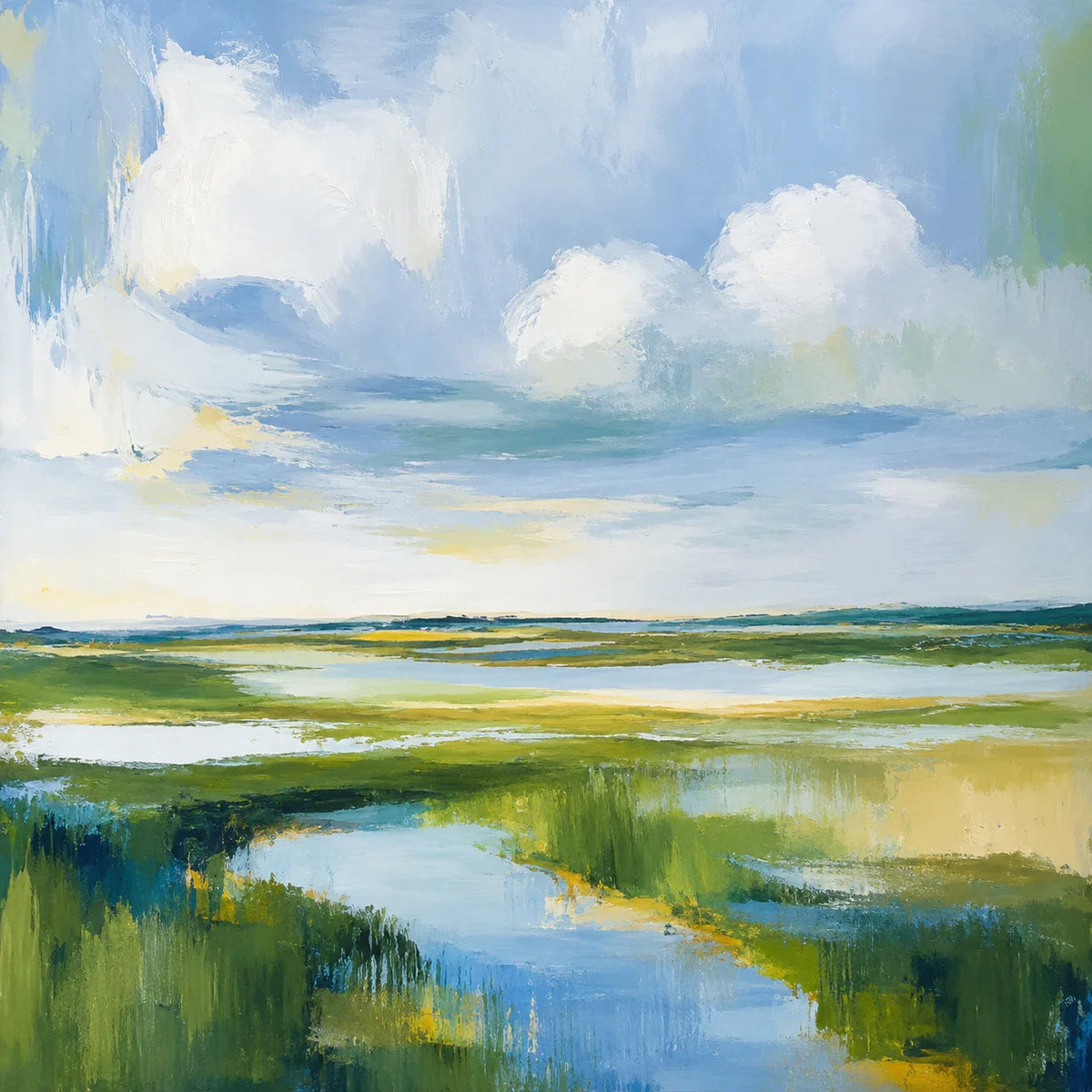 Clouds above a Winding Marsh Waterway Wall Art artwork view | Olyrel