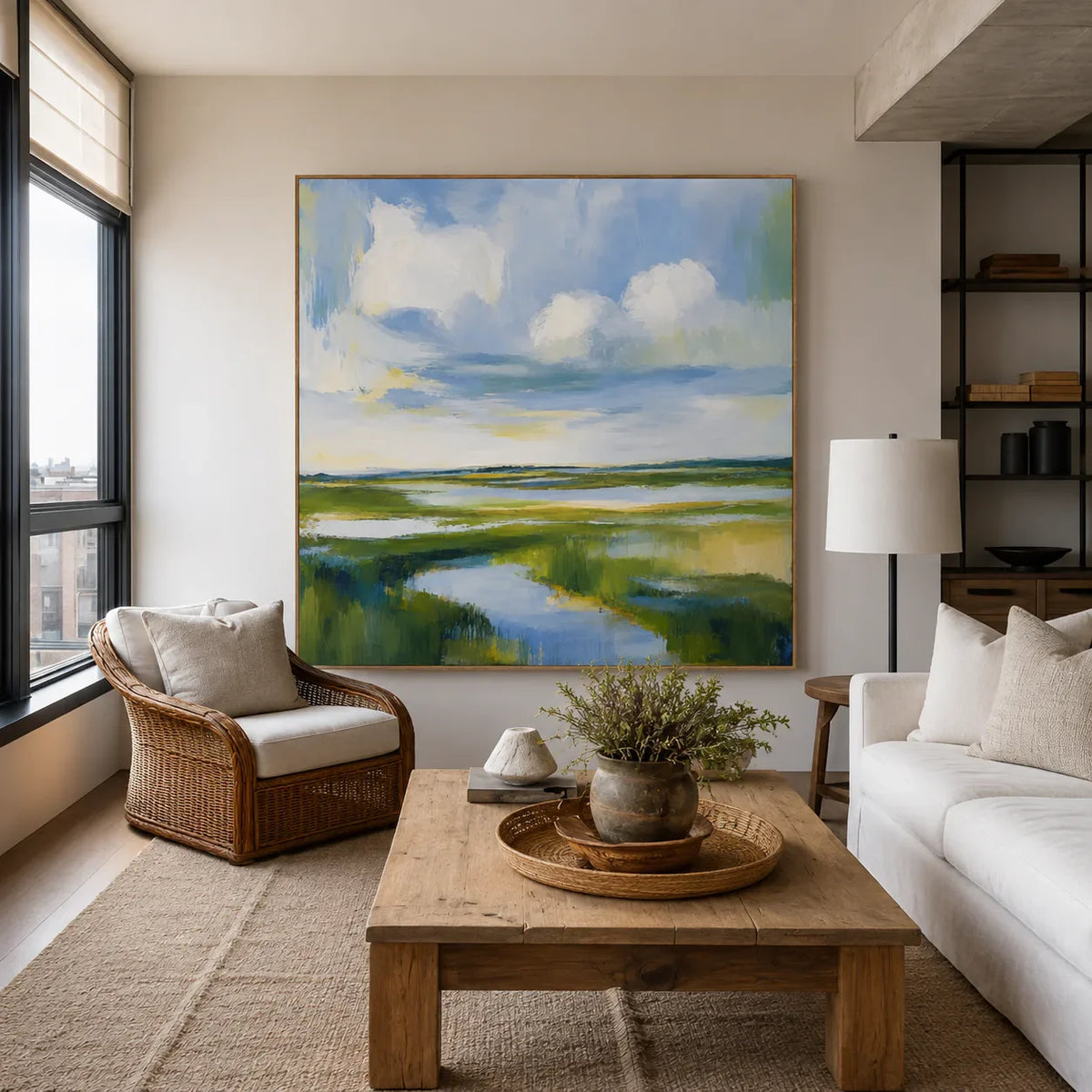 Clouds above a Winding Marsh Waterway Wall Art styled interior scene 2 | Olyrel