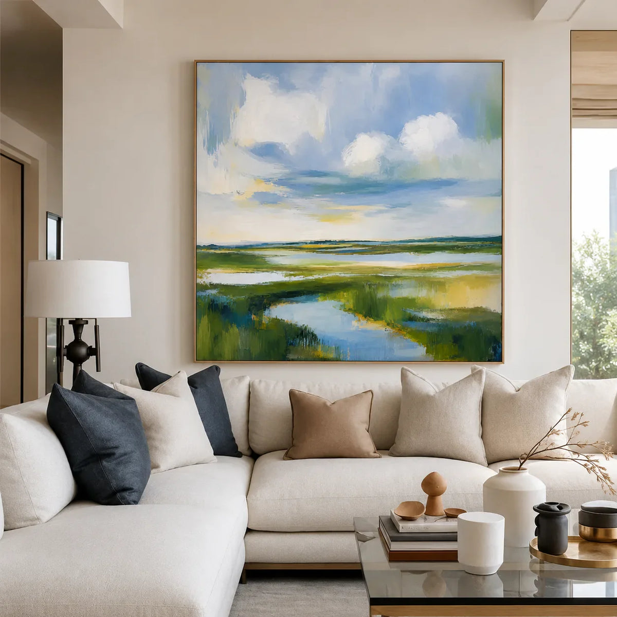 Clouds above a Winding Marsh Waterway Wall Art styled interior scene 3 | Olyrel