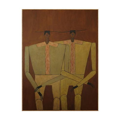 Two Seated Figures in Ochre and Olive Wall Art | Olyrel