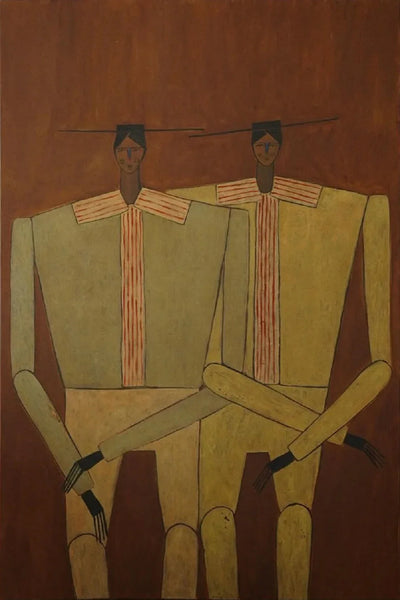 Two Seated Figures in Ochre and Olive Wall Art artwork view | Olyrel