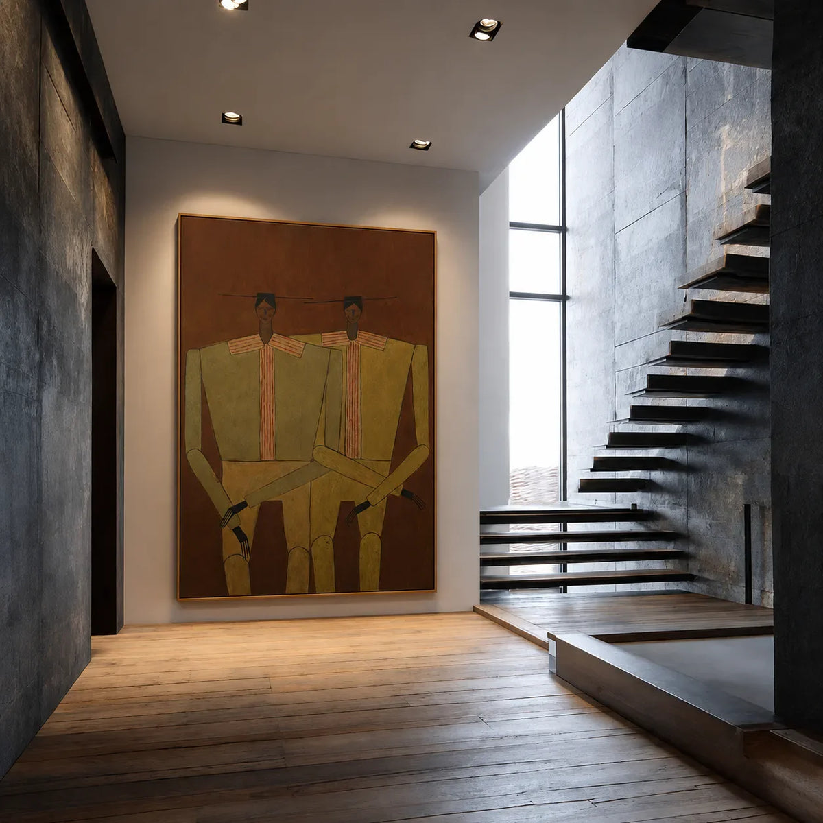 Two Seated Figures in Ochre and Olive Wall Art styled interior scene 1 | Olyrel