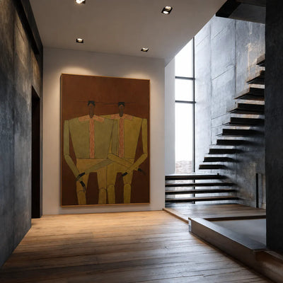 Two Seated Figures in Ochre and Olive Wall Art styled interior scene 1 | Olyrel