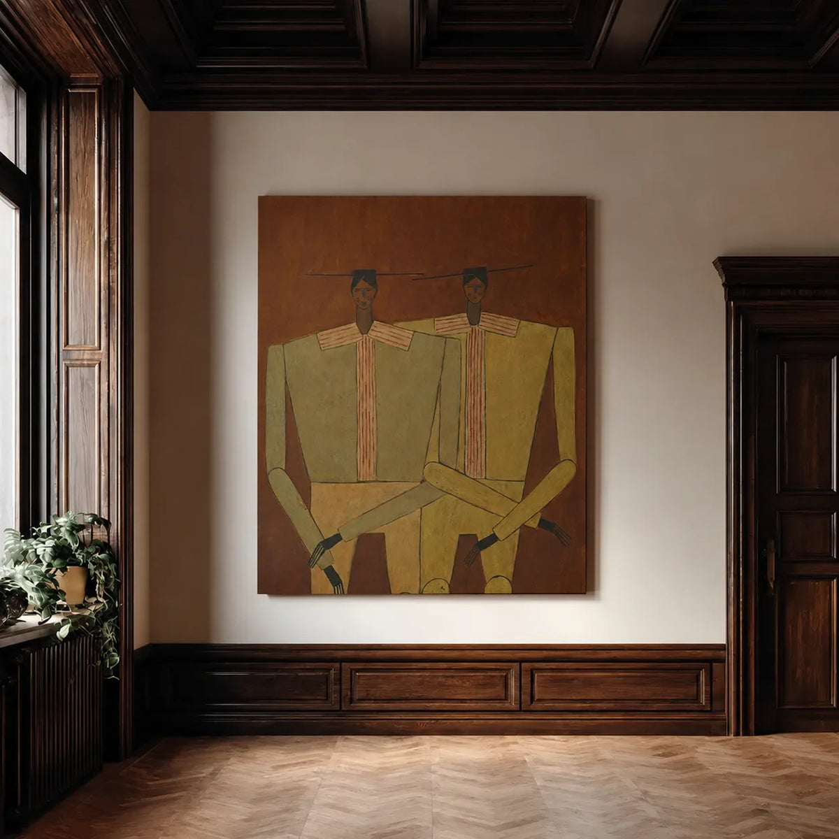 Two Seated Figures in Ochre and Olive Wall Art styled interior scene 2 | Olyrel