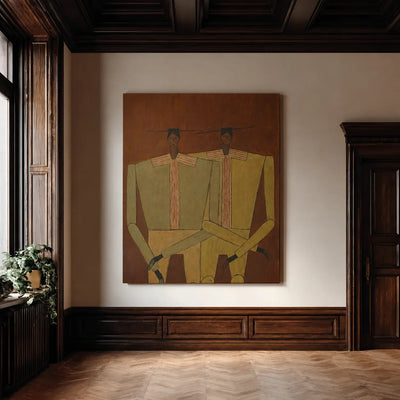 Two Seated Figures in Ochre and Olive Wall Art styled interior scene 2 | Olyrel