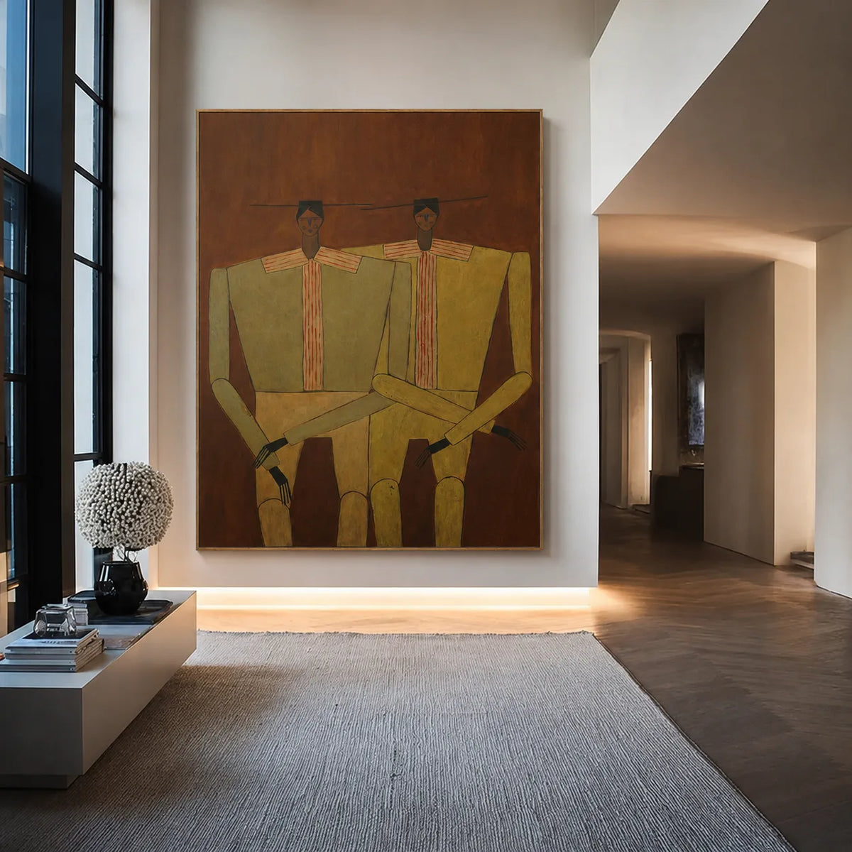 Two Seated Figures in Ochre and Olive Wall Art styled interior scene 3 | Olyrel