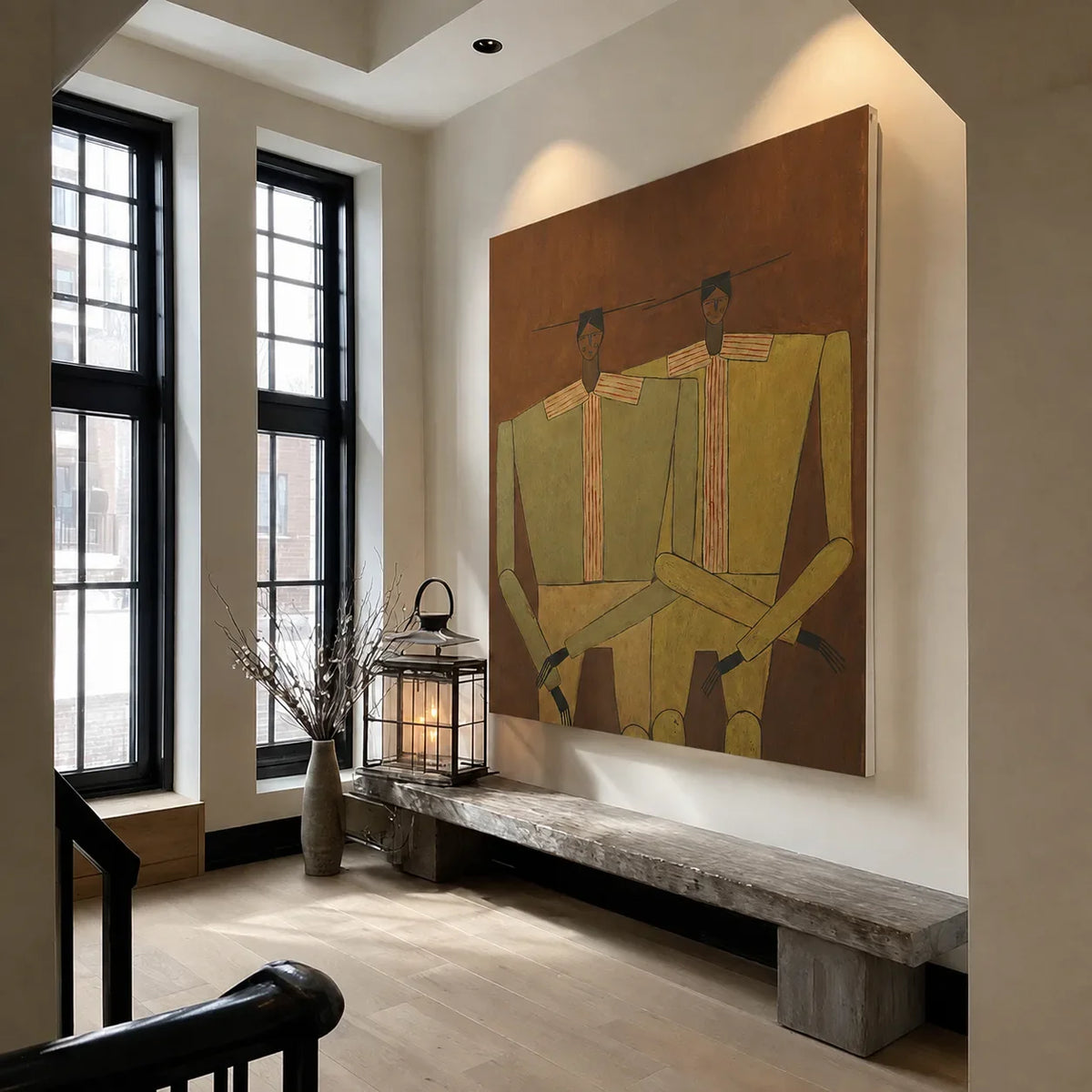 Two Seated Figures in Ochre and Olive Wall Art styled interior scene 4 | Olyrel