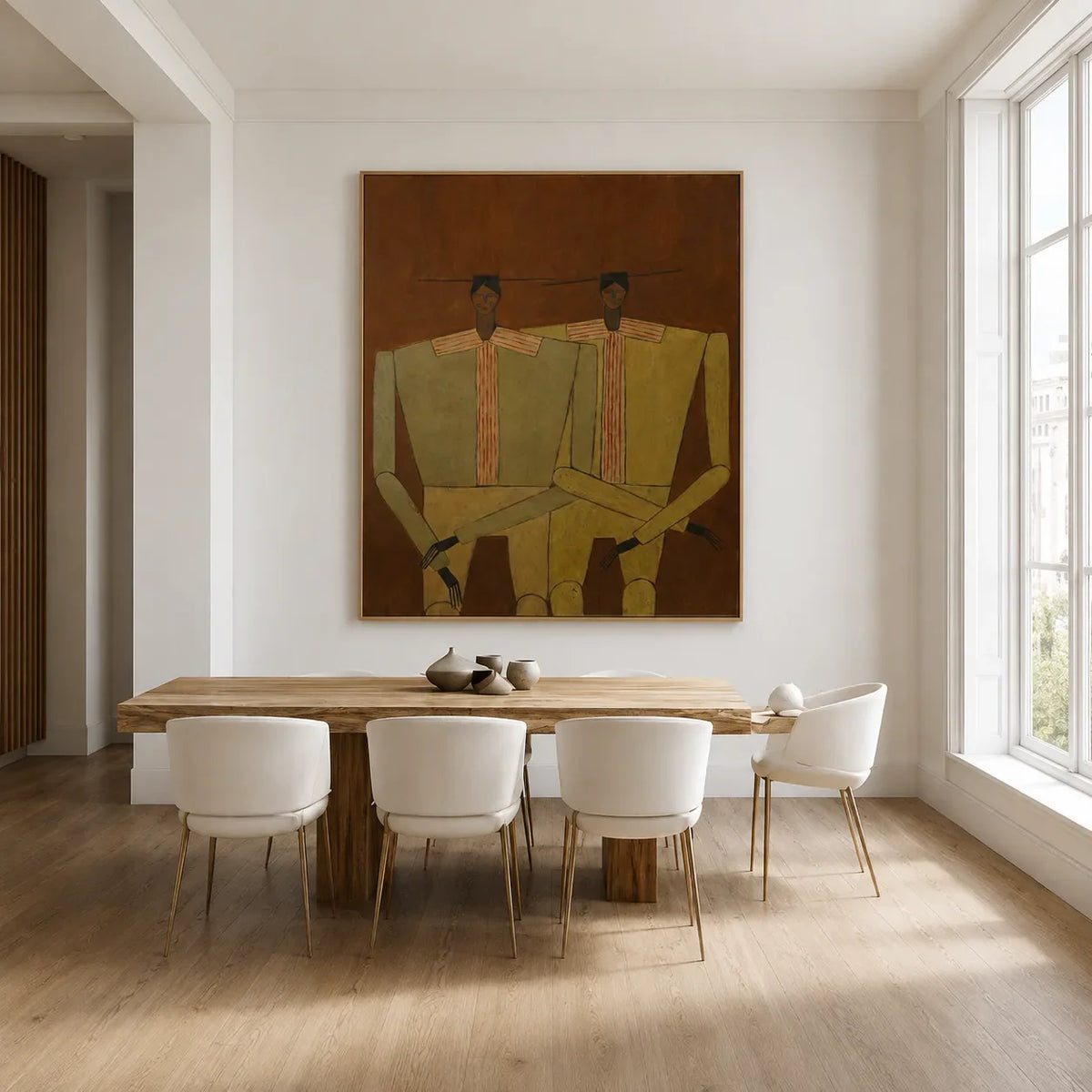 Two Seated Figures in Ochre and Olive Wall Art styled interior scene 5 | Olyrel