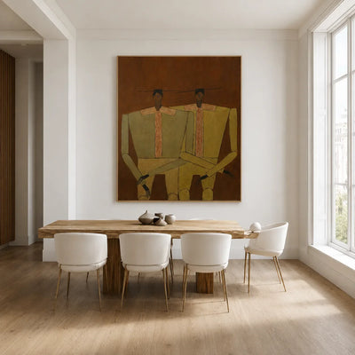 Two Seated Figures in Ochre and Olive Wall Art styled interior scene 5 | Olyrel