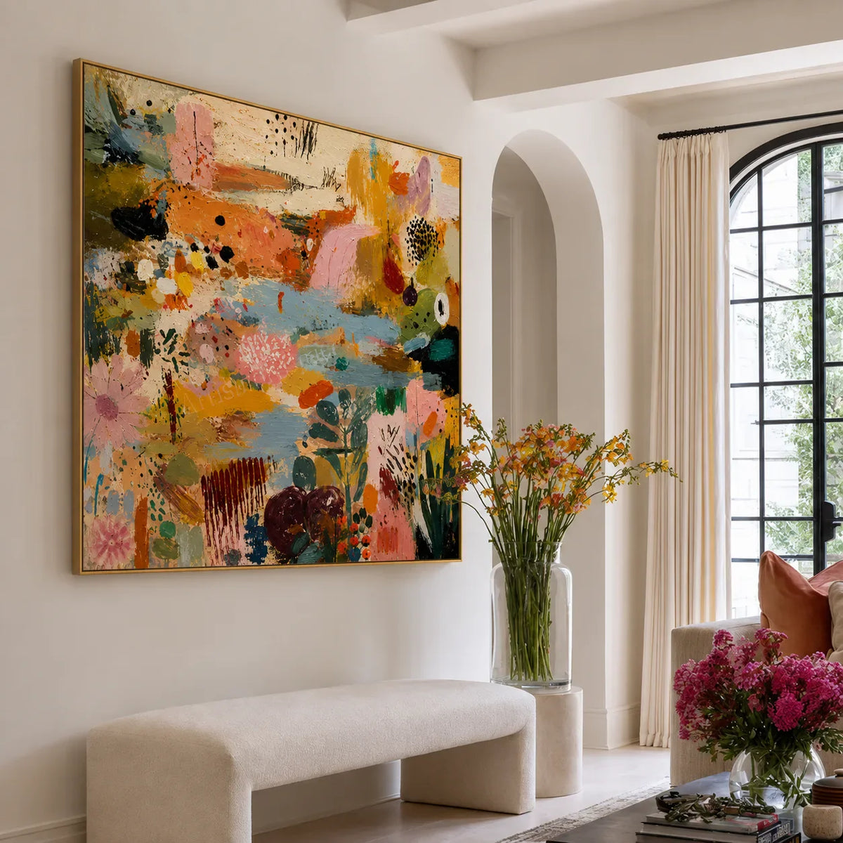 Pastel Garden Marks and Colorful Layers Wall Art styled interior scene 3 | Olyrel