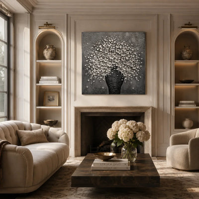 Silver Blossom Vase Wall Art styled in a modern living room | Olyrel