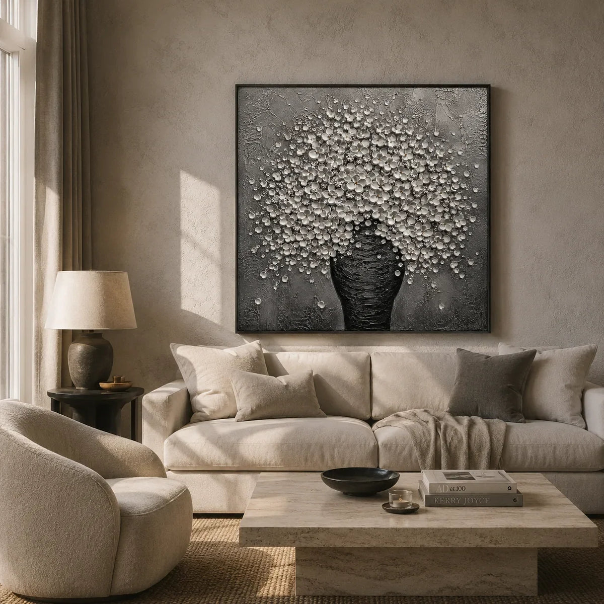 Silver Blossom Vase Wall Art displayed above a sofa in a neutral interior | Olyrel