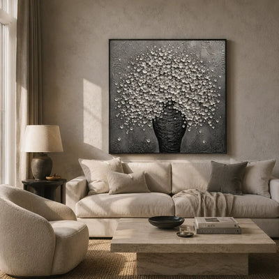 Silver Blossom Vase Wall Art displayed above a sofa in a neutral interior | Olyrel