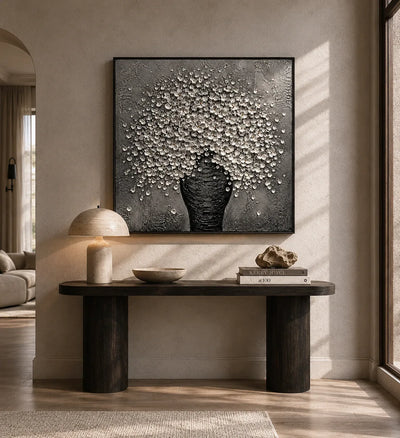 Silver Blossom Vase Wall Art shown in a calm bedroom setting | Olyrel