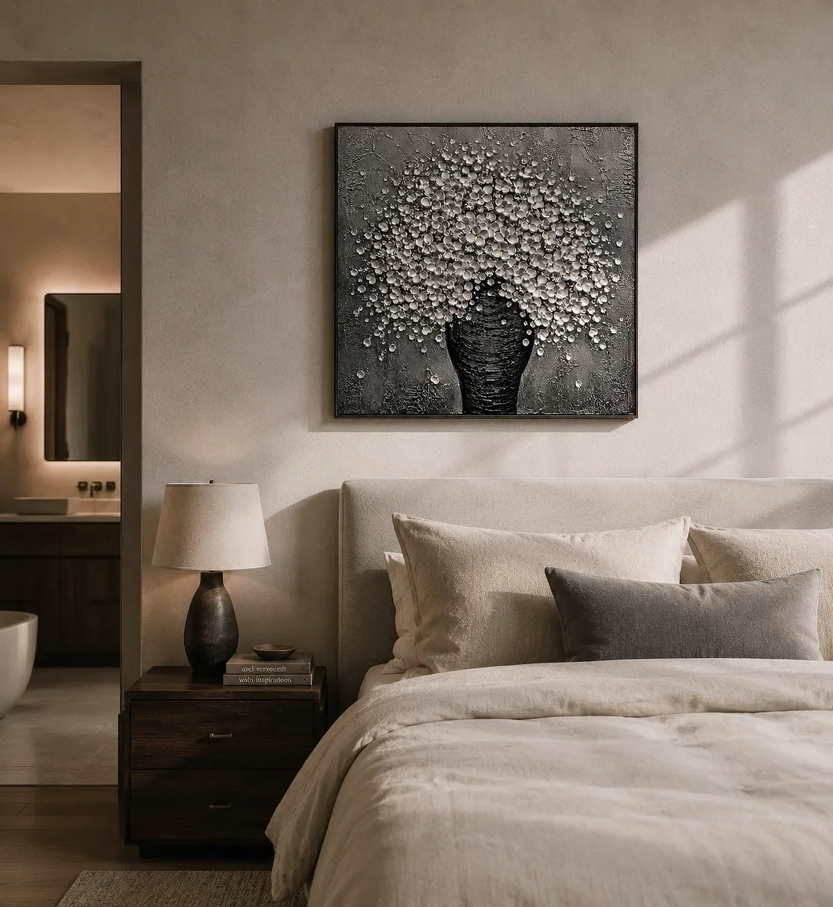 Silver Blossom Vase Wall Art styled in a contemporary entryway | Olyrel