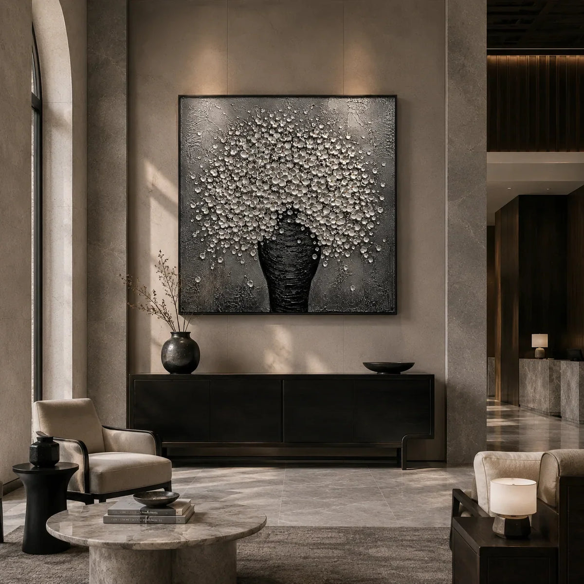 Silver Blossom Vase Wall Art displayed in a bright dining room | Olyrel